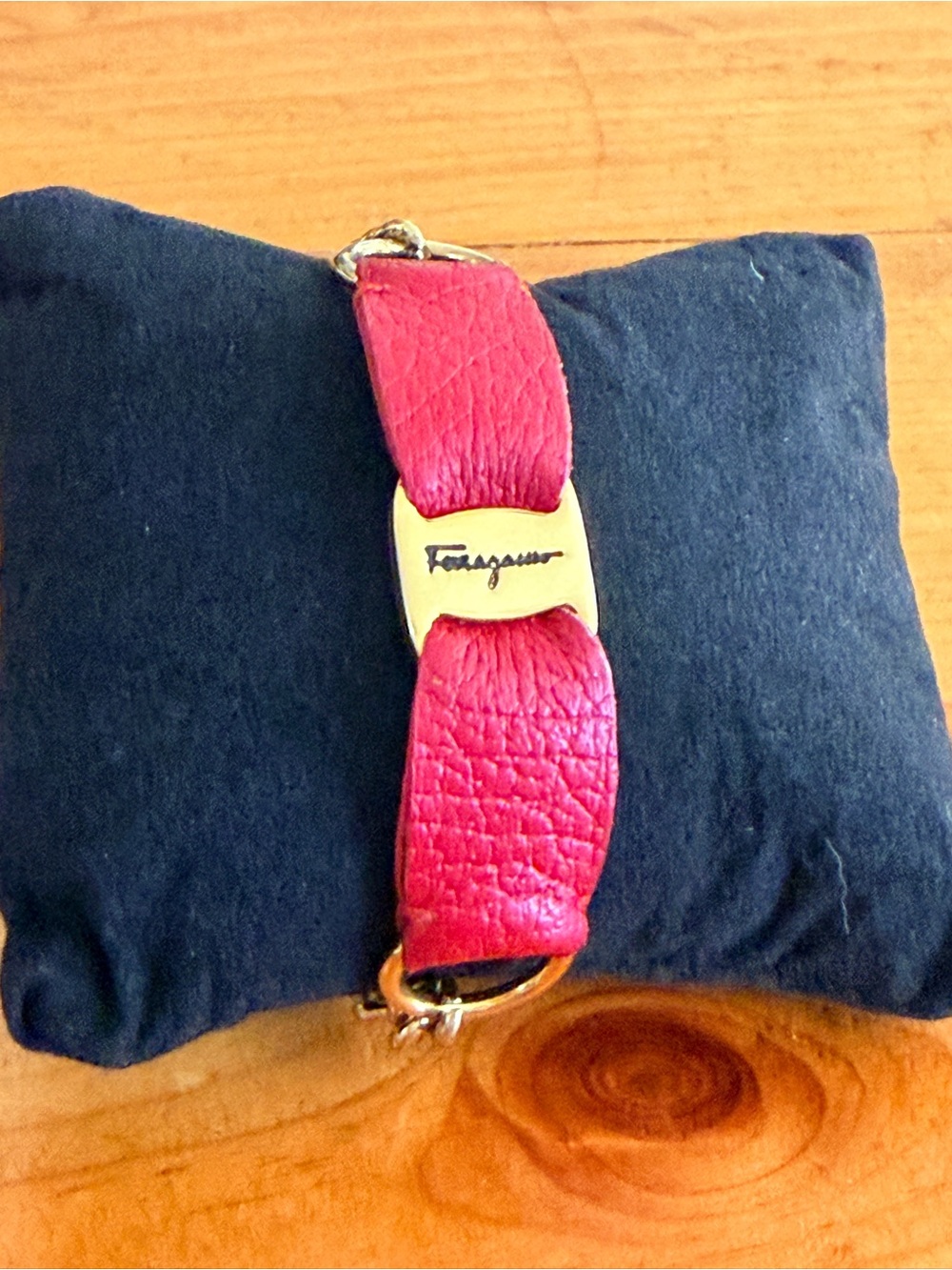 Salvatore Ferragamo Red Leather Bracelet with Gold Logo Plate
